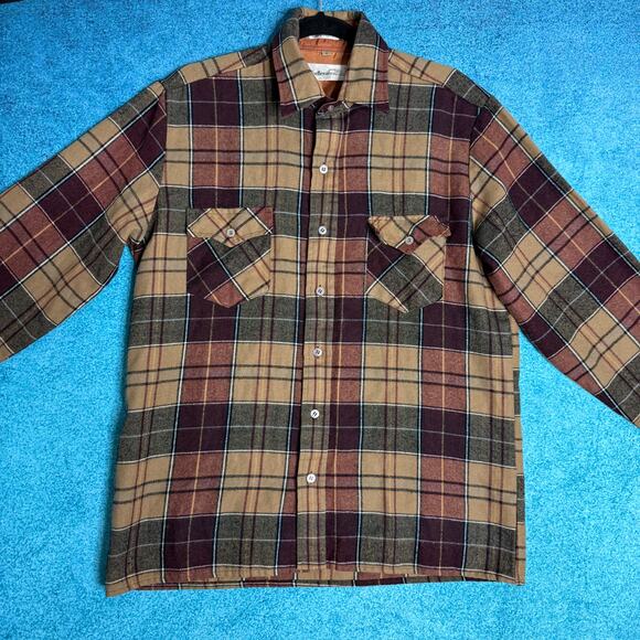 Vintage 80s Men’s Windbreaker Plaid Flannel Shirt Brown M Korea Pockets - Picture 1 of 15